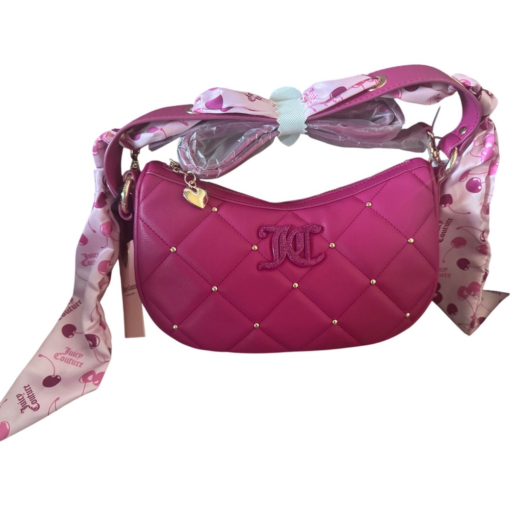 Juicy Couture Dark Pink Cherry Scarf  Hobo Crossbody Studded JC Logo NWT
